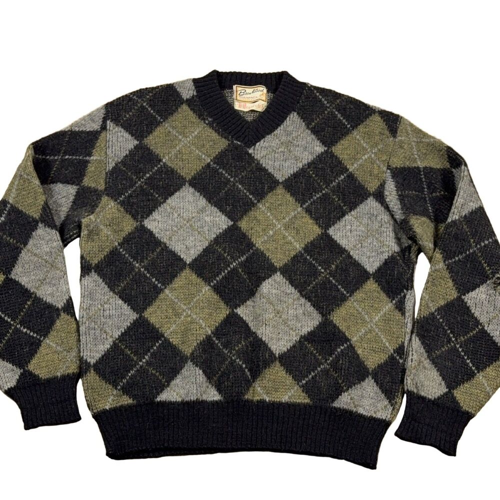 Vintage Brentwood Sweater Men Large Mirapaca Wool Hopscotch Argyle